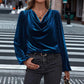 Women's pile collar long sleeve pullover top in blue velvet with loose fit and regular sleeves