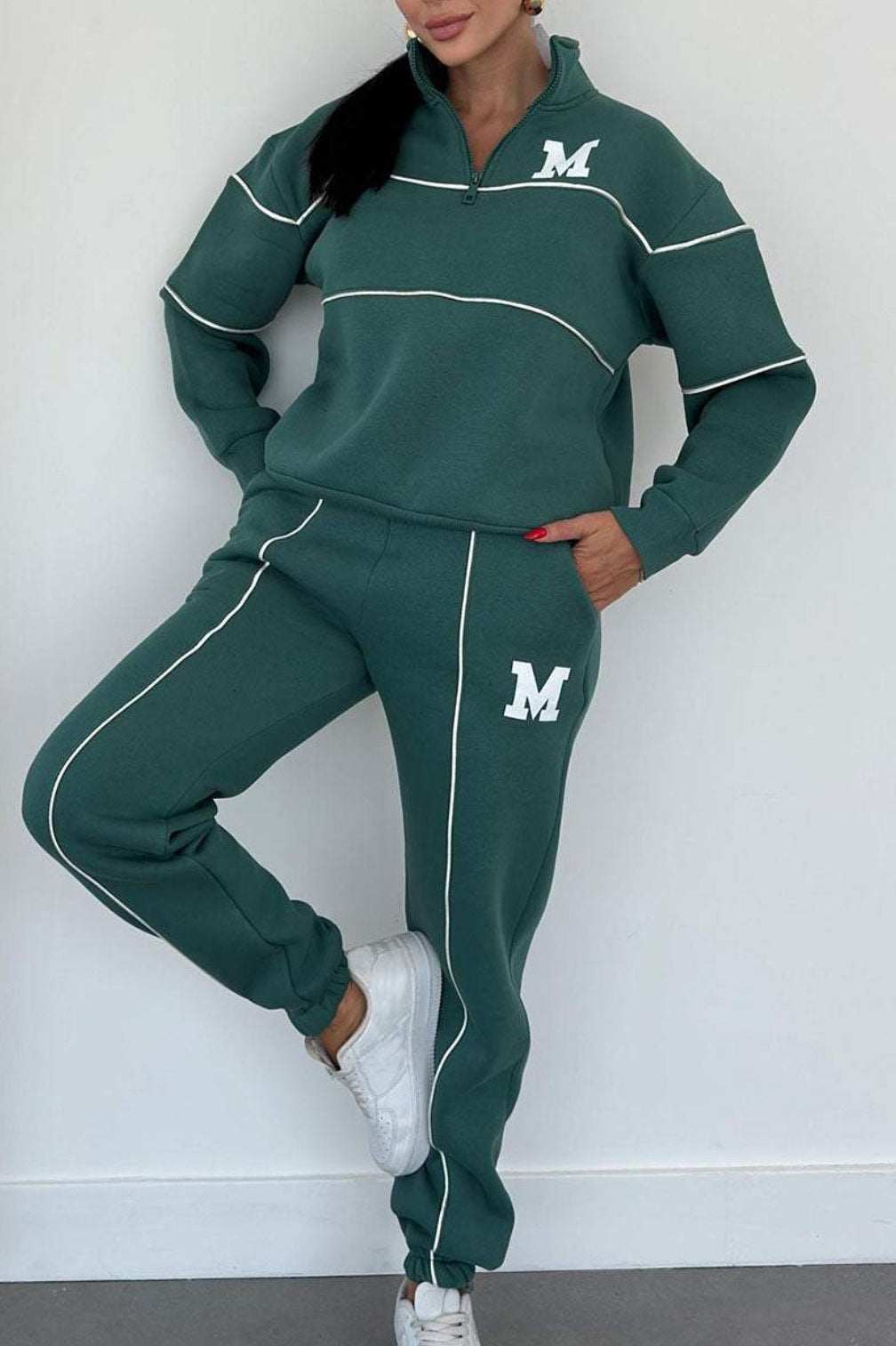 Women 2 piece green loungewear set with pullover sweatshirt and sweatpants with pockets and white stripes