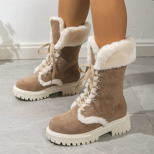 Women's beige winter lace-up snow boots with plush fleece lining and chunky mid heels