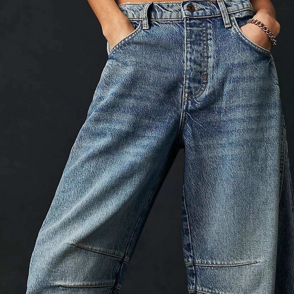 High stretch mid-rise wide leg casual baggy denim jeans for women in light blue stone-washed style