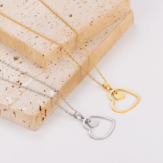 Double-heart stainless steel minimalist necklaces in gold and silver with O-link chains and heart pendants