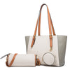 Large capacity three-in-one Saffiano bag set with white and gray bucket tote, cylindrical pouch, and round coin purse with brown straps