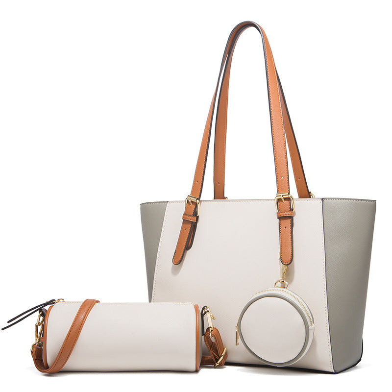 Large capacity three-in-one Saffiano bag set with white and gray bucket tote, cylindrical pouch, and round coin purse with brown straps