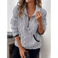 Women's plush sweater with contrast color half-open collar in light gray, long sleeves, polyester fabric