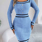 Blue women's long-sleeved sweater hip skirt with button detail and black trim in street fashion style