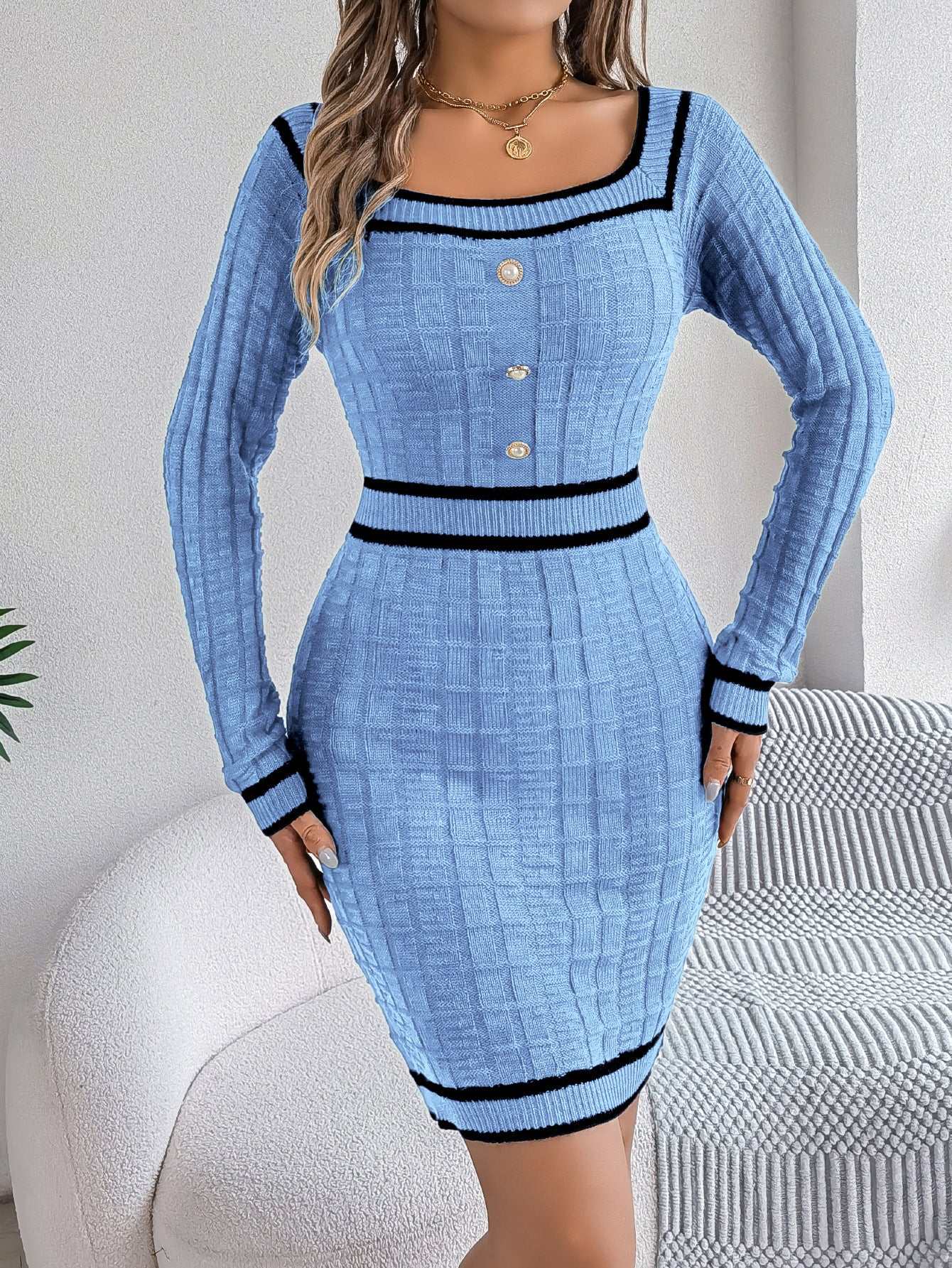 Blue women's long-sleeved sweater hip skirt with button detail and black trim in street fashion style
