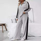 Casual suit women's sweater and wide leg pants two-piece set in light gray with black stripes, made of polyester.