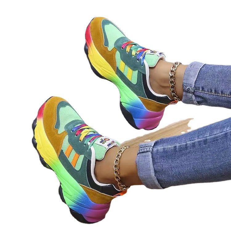 Colorful platform dad shoes for spring and autumn with rainbow sole and round toe design