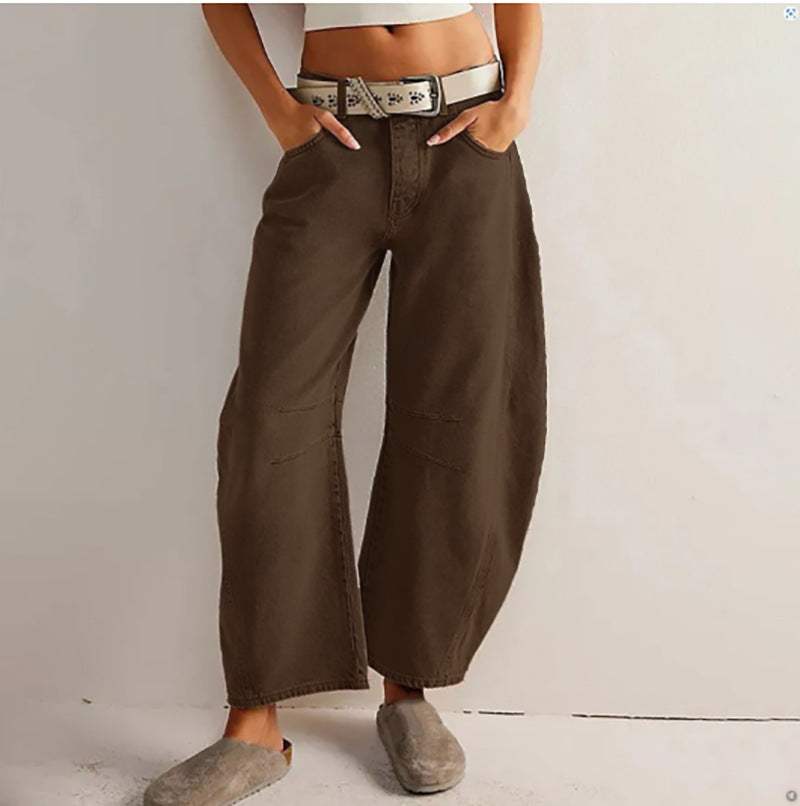 Women’s casual high stretch mid-rise wide leg barrel jeans in dark khaki with loose fit and mid waist design