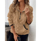 Beige contrast color half-open collar plush women's sweater with long sleeves and zipper detail