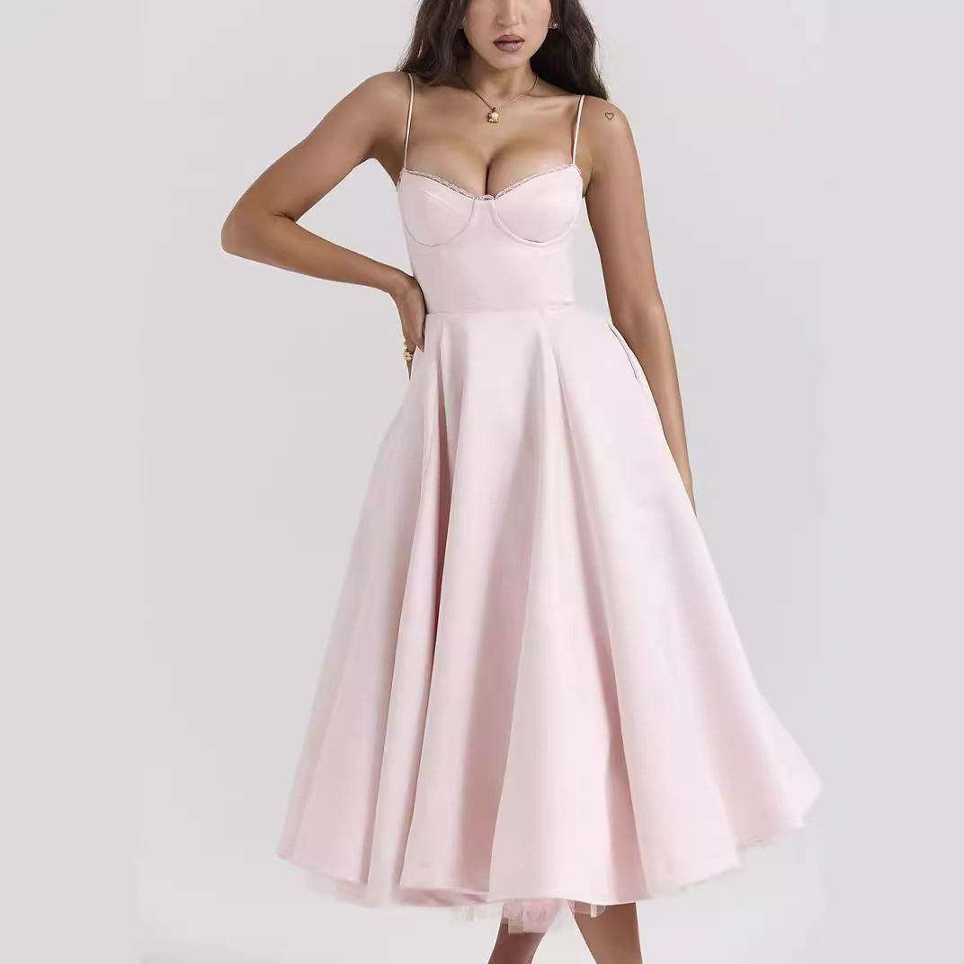 Women's V-neck brace sleeveless long pink dress with high waist and polyester fabric