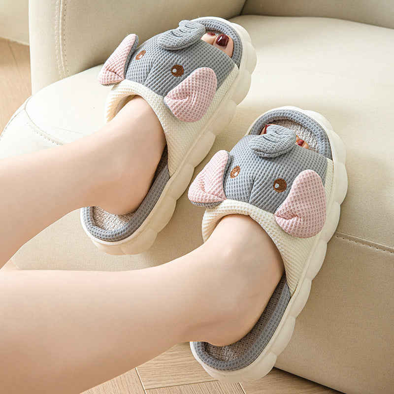 Couples open toe animal linen slippers in elephant gray with cushioned EVA sole