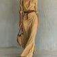 Elegant khaki irregular long dress with belt and button lapel, long sleeves, perfect for office and daily wear