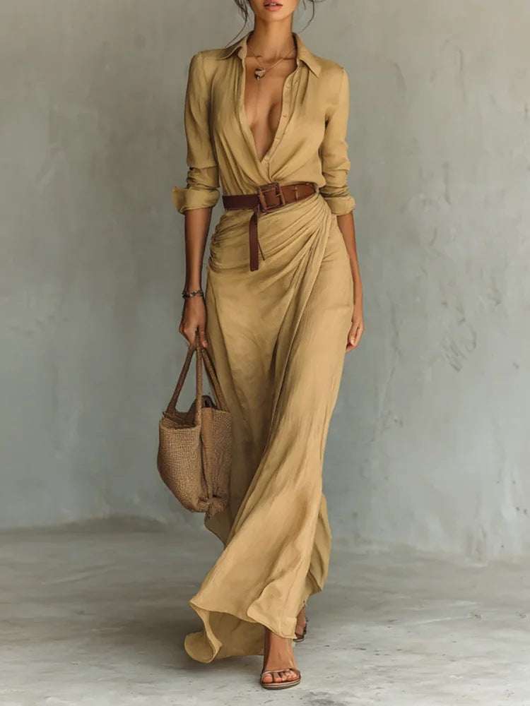 Elegant khaki irregular long dress with belt and button lapel, long sleeves, perfect for office and daily wear