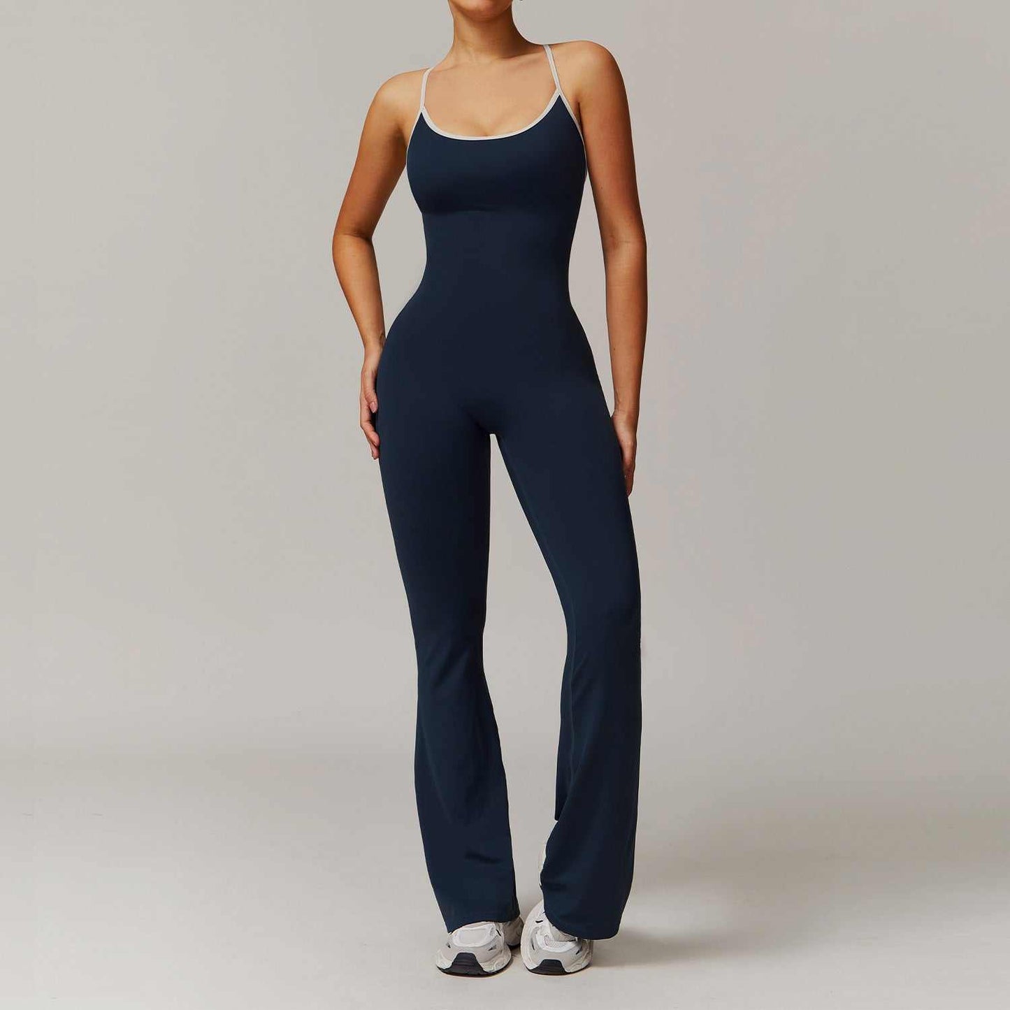 Solid Beauty-back navy blue slim fit women's jumpsuit for yoga fitness running and dance