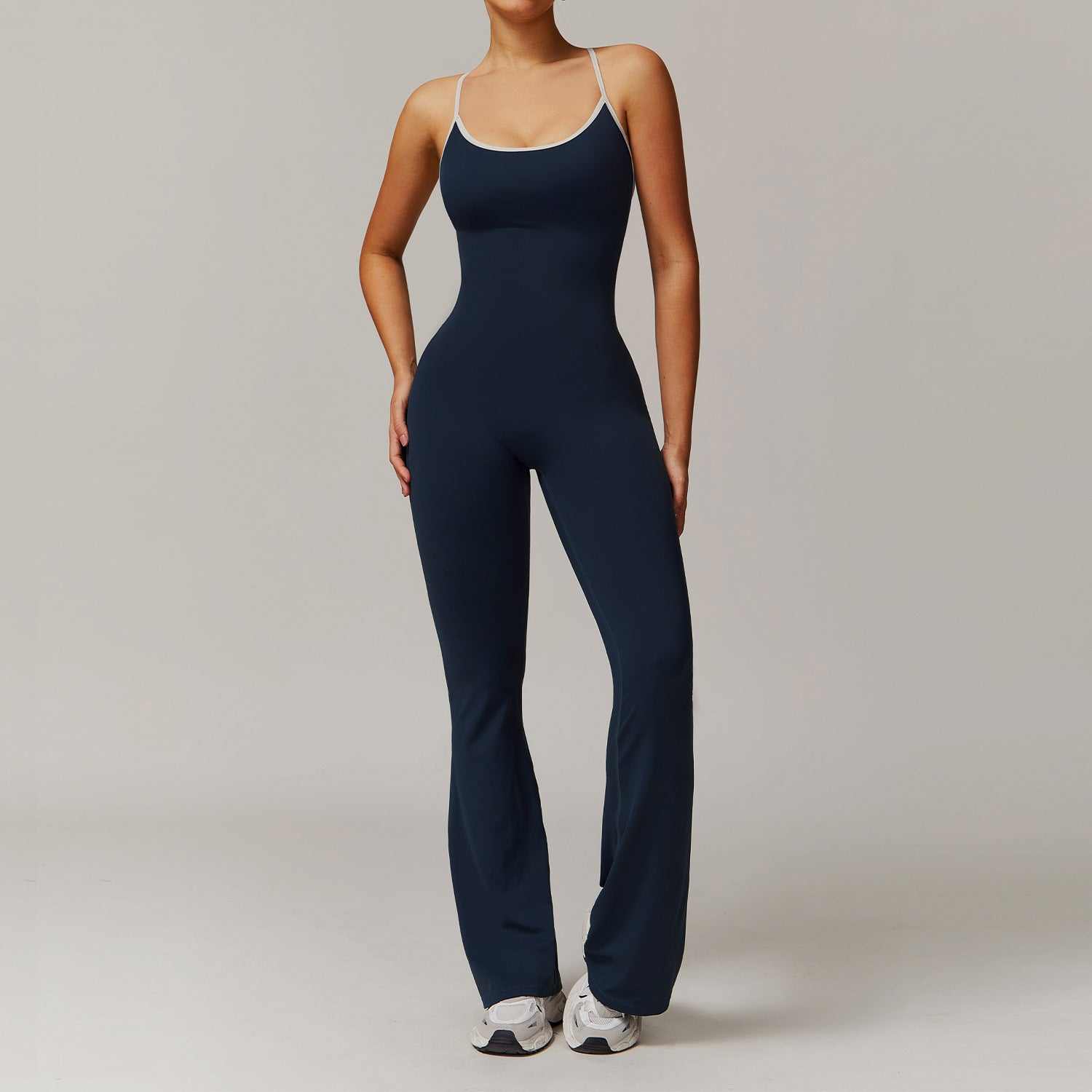 Solid Beauty-back navy blue slim fit women's jumpsuit for yoga fitness running and dance