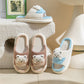 Cute cartoon bear slippers with thick soles and linen material, perfect for spring and autumn women's house shoes.