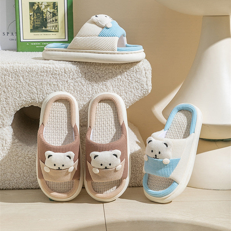 Cute cartoon bear slippers with thick soles and linen material, perfect for spring and autumn women's house shoes.