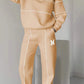 Women 2 piece lounge outfit beige sweatshirt and sweatpants with white stripes and pockets