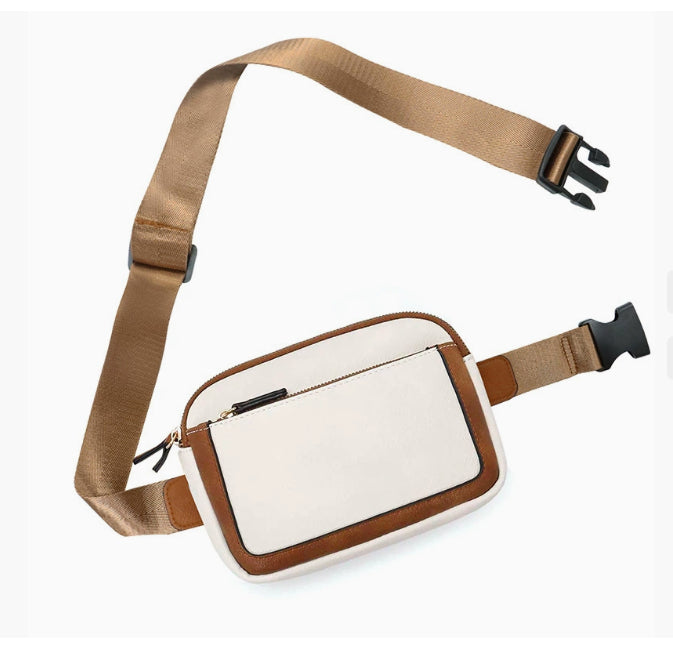 Fashion chest bag in beige and brown artificial leather with adjustable strap