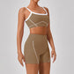 Women's outdoor sports yoga suit set with spaghetti strap top and contrast color detailing in brown and white