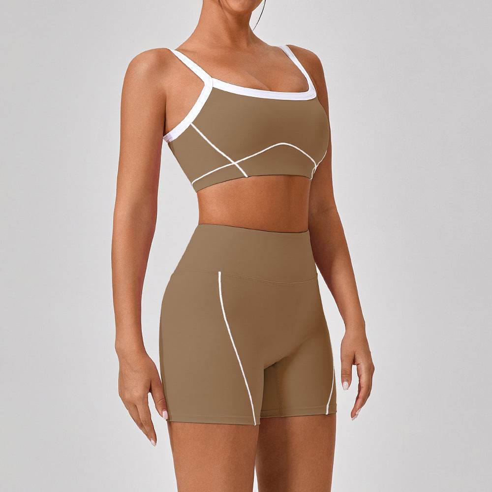 Women's outdoor sports yoga suit set with spaghetti strap top and contrast color detailing in brown and white