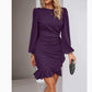 Elegant women's puff long sleeve dress in solid color with slim hip-covering design