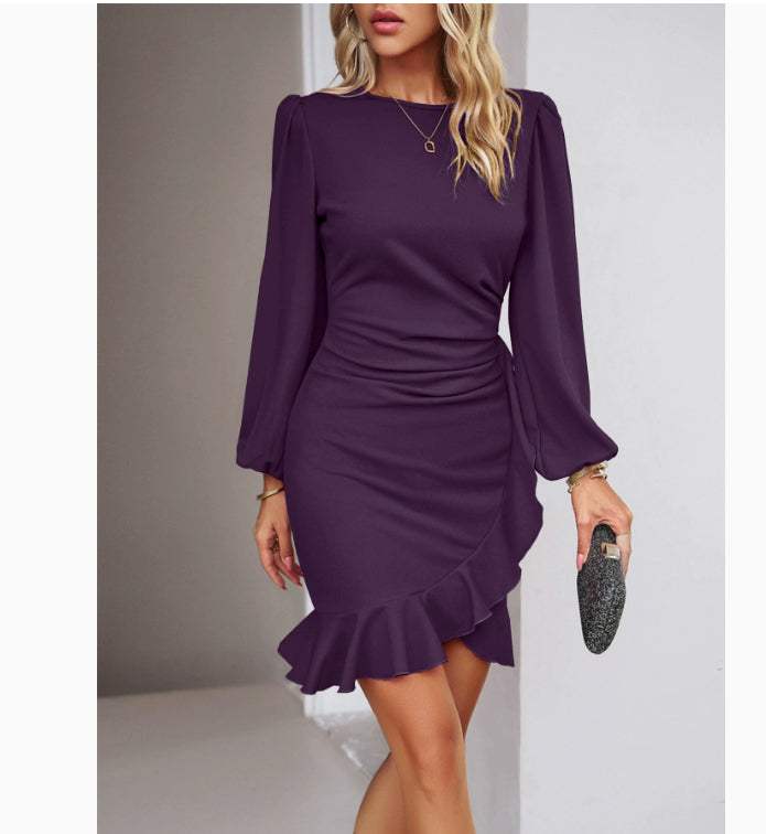 Elegant women's puff long sleeve dress in solid color with slim hip-covering design