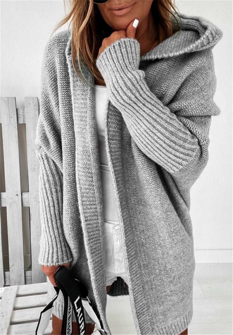 Gray bat sleeve hooded oversized cardigan sweater for women