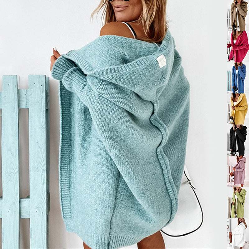 Women's oversized bat sleeve hooded cardigan sweater in mint green, knitted loose fit, casual cozy style
