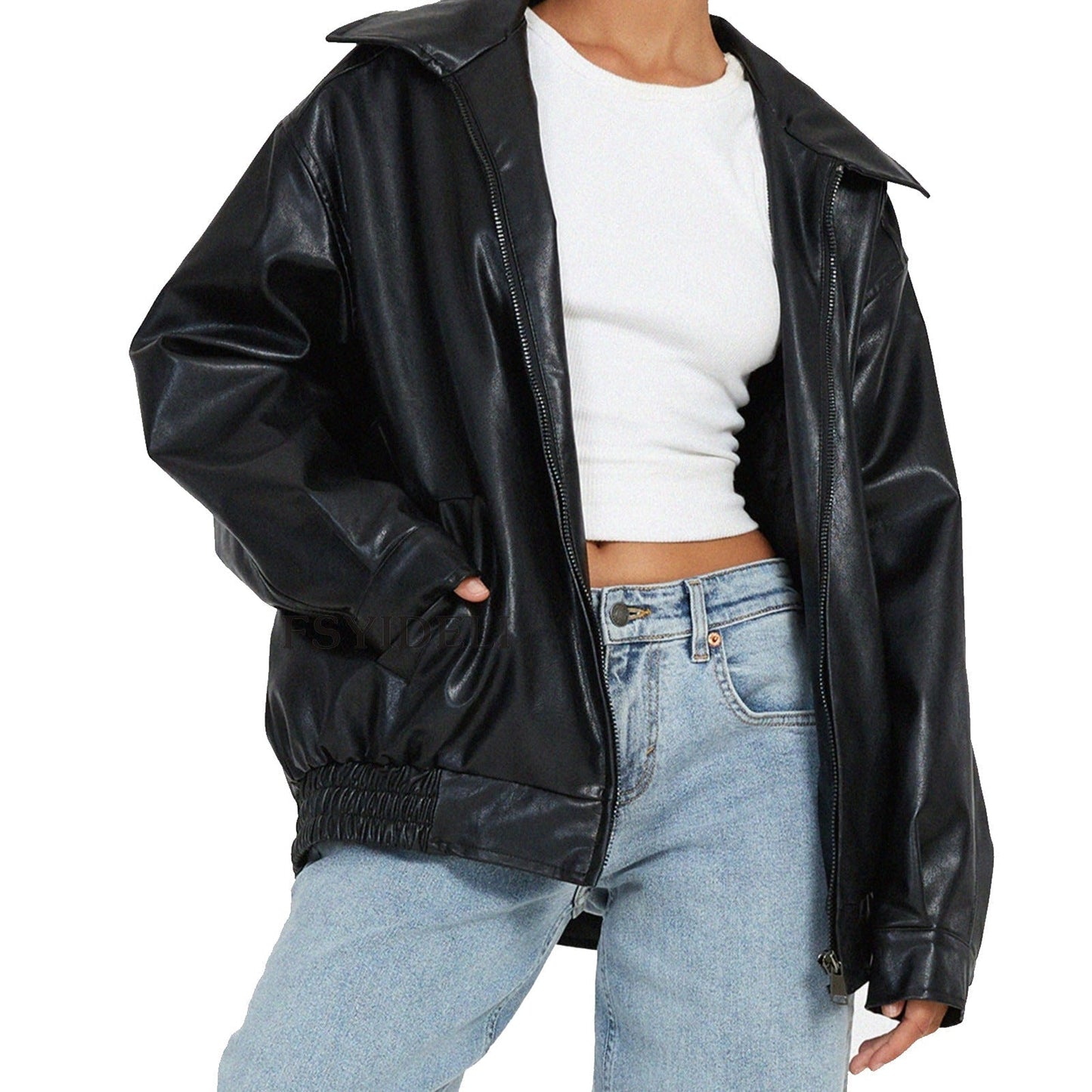 Women's black locomotive style leather coat in imitation PU leather with long sleeves