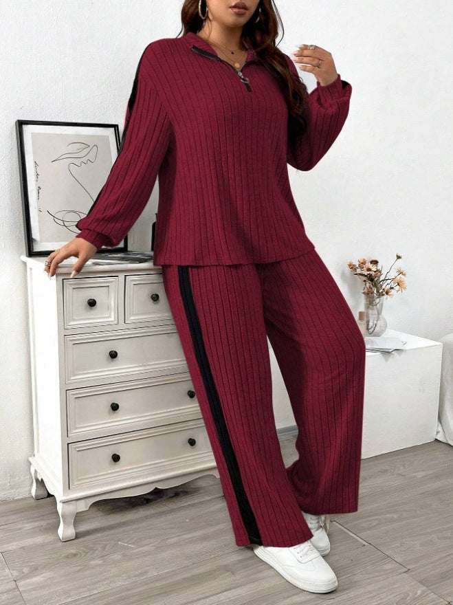 Casual women's sweater and wide leg pants two-piece set in maroon with black stripe, made of polyester