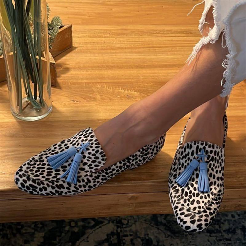 Spring And Autumn Tassel Low Heel Round Head 40-43 Low-cut Plus Size Leopard Print Casual Loafers