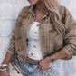 Women's khaki denim jacket with decorative rivets and long sleeves for casual commuting style