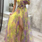 Mesh tie-dye printed off-shoulder slit dress with floral design and long sleeve for summer party women’s fashion