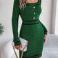 Women's long-sleeved green sweater hip skirt dress with button details and black trim
