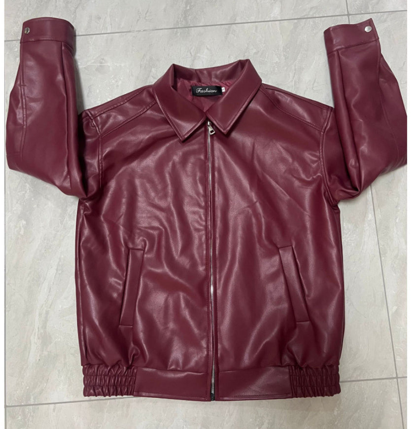 Women's locomotive style leather coat in burgundy imitation leather with long sleeves and zipper closure