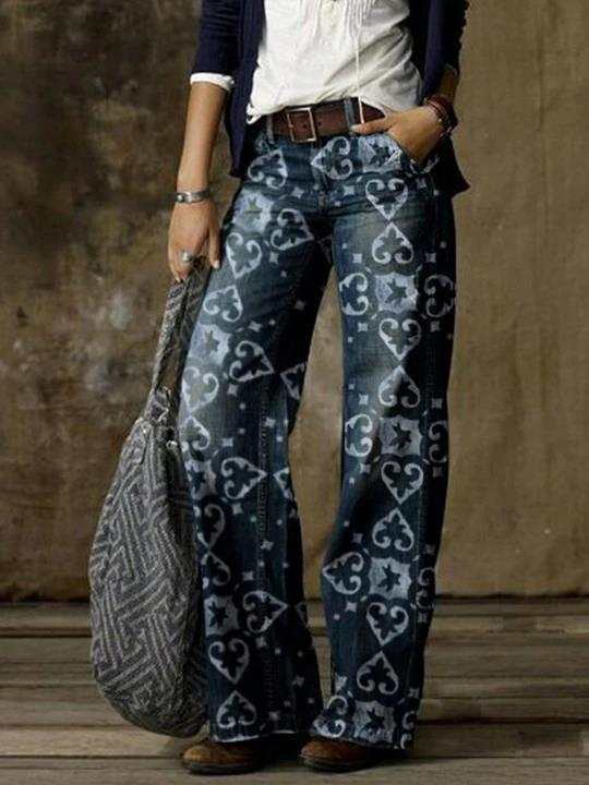 Plus size women's casual thin wide leg pants with heart and star pattern