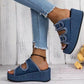 Women's denim buckle wedges sandals with high heel and thick sole, casual summer outdoor slippers