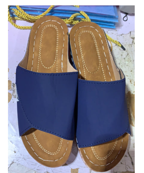 Women's summer wedge slides sandals with thick sole and navy blue fish mouth design