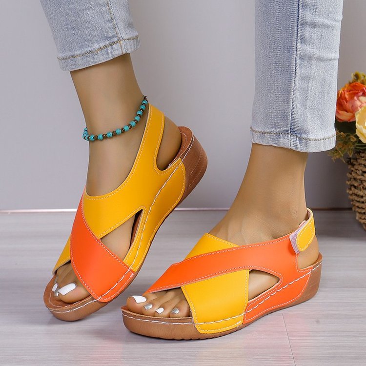 Women's summer wedges sandals with colorblock cross-straps and thick rubber soles