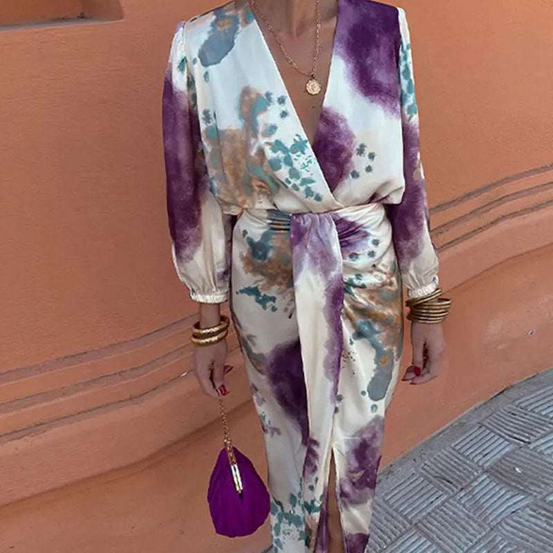 Chic V-neck long sleeve slit midi dress two-piece suit with colorful abstract print and lace-up detail