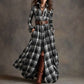 Large size women's plaid retro maxi dress with mid waist and long sleeves in black and gray