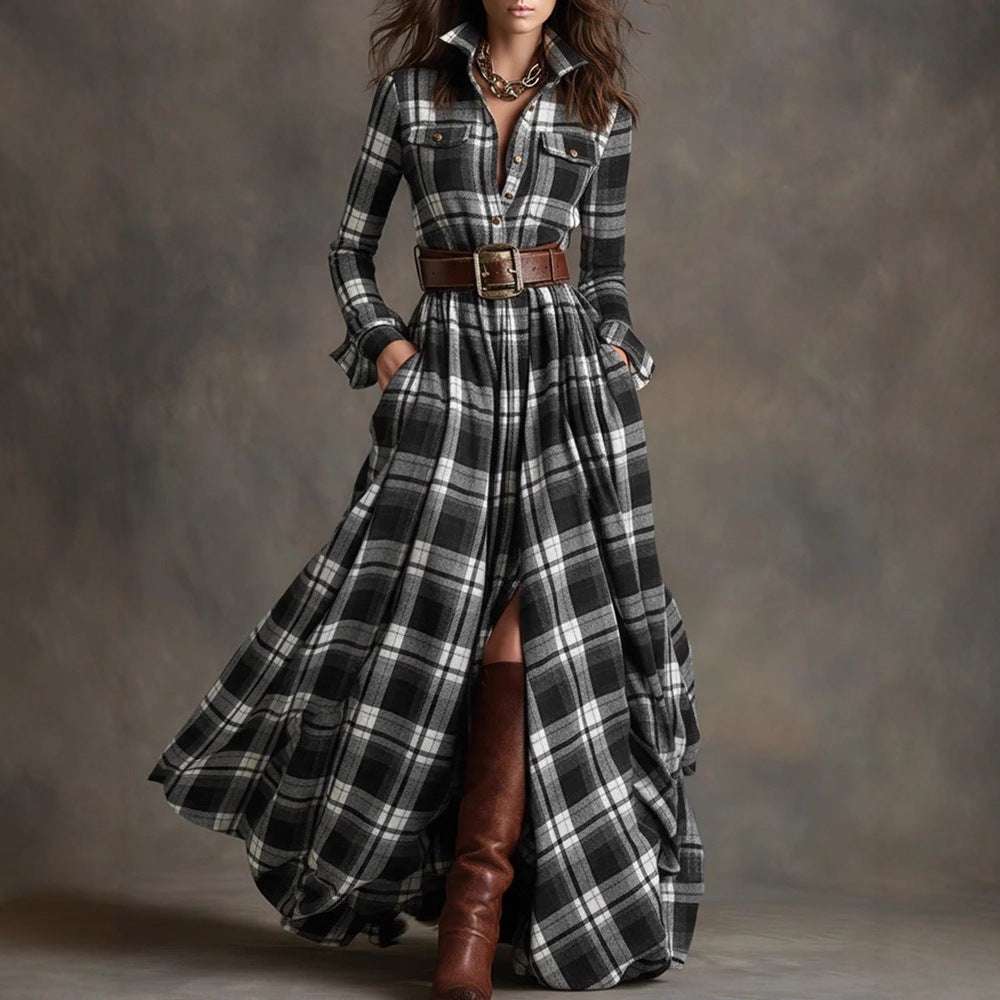 Large size women's plaid retro maxi dress with mid waist and long sleeves in black and gray