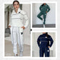 Women 2 piece lounge sweatsuit set with pullover sweatshirt and baggy pants in white, green, and navy colors