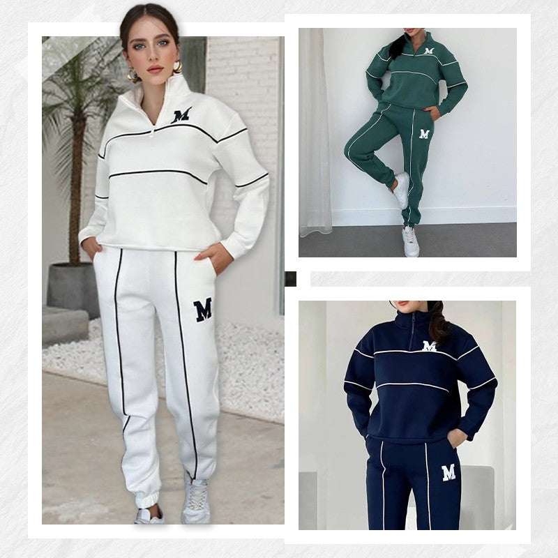Women 2 piece lounge sweatsuit set with pullover sweatshirt and baggy pants in white, green, and navy colors