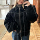 Loose black fashion lapel zip-up jacket with balloon sleeves for women