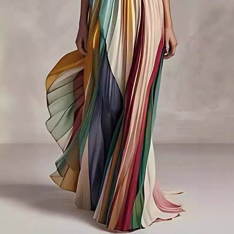 Women's sexy tube top backless striped color swing A-line maxi dress polyester fabric