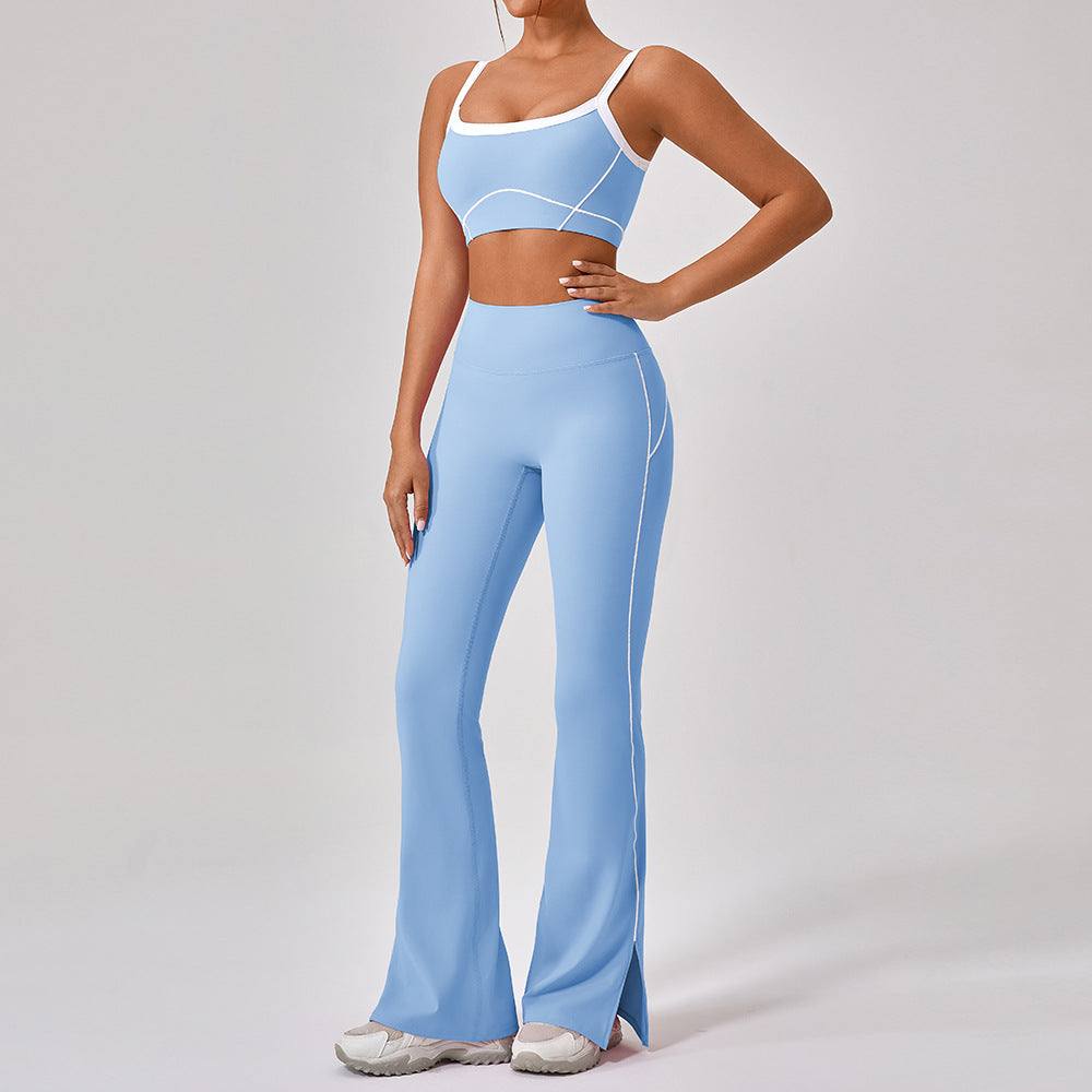 Women's outdoor sports yoga suit with spaghetti strap top and high-waisted flared leggings in light blue with white contrast stitching