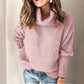 Women's pink lapel pullover knit sweater with buttoned sleeves in cotton blend fabric